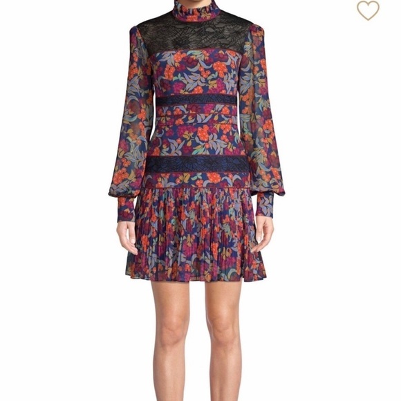 SALONI Dresses & Skirts - Saloni Dina Floral Print Lace Inset & Silk Mock Neck Long Sleeve Mini Dress Sz 2